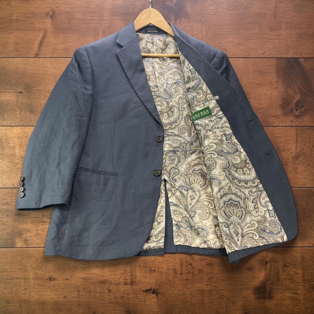 Lauren Ralph Lauren Mens 40S Blue 100% Linen Blazer Paisley Lining Sport Coat
